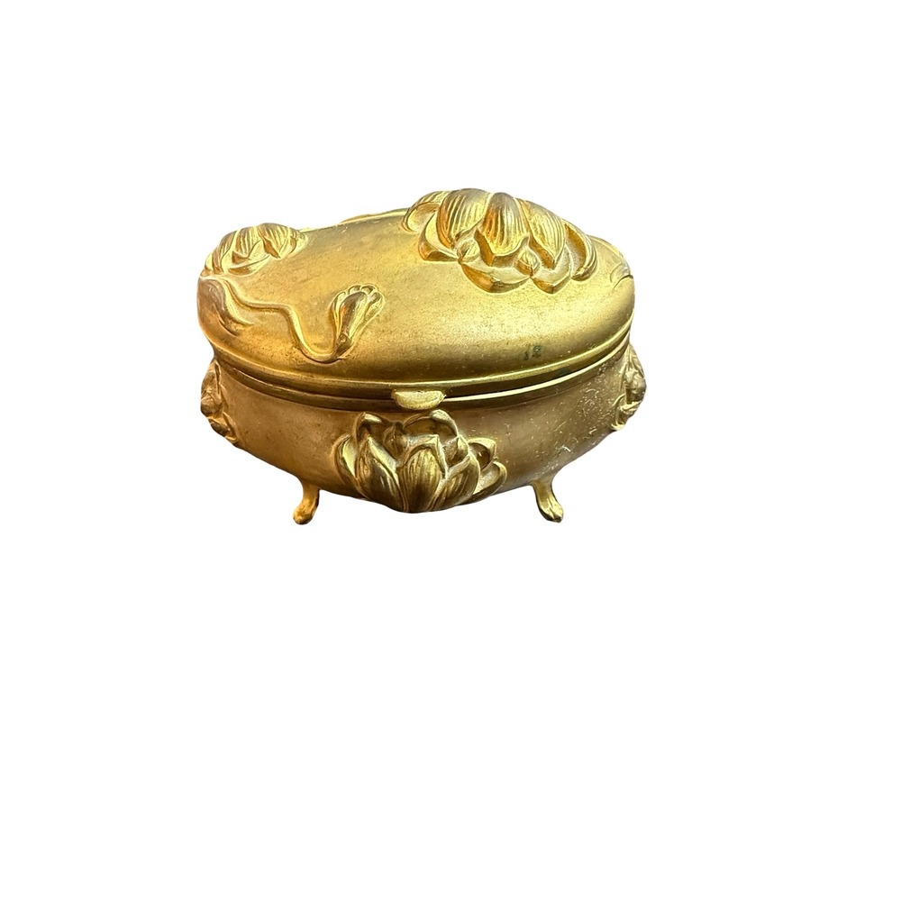 Jennings Bros Antique Art‎ Nouveau Gold Floral Footed Casket Jewelry Trinket Box
